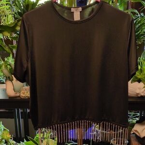 Lush Black Short Sleeve Top with Rhinestone Hem